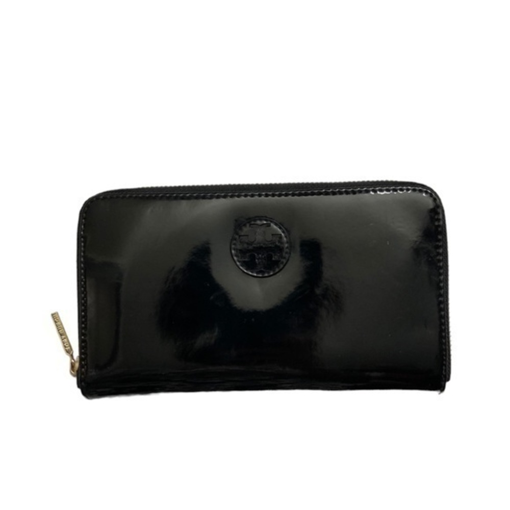 Tory Burch black patent leather zipper accordion wallet clutch bag